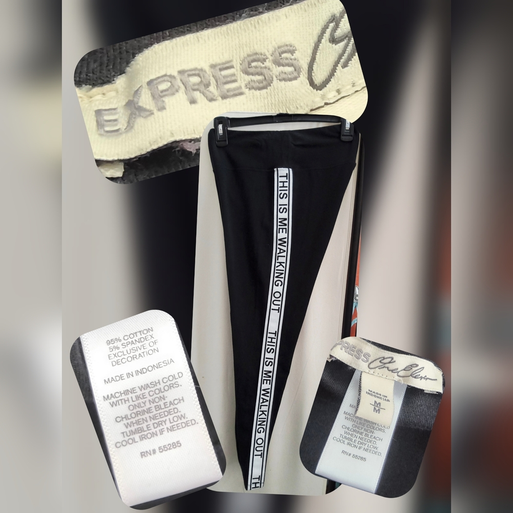 Express Black Leggings with White Text Stripes Size Med - Picture 3 of 3